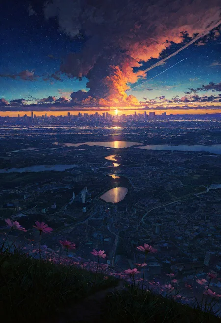 blue sky, building, chimney, city, cloud, cloudy sky, colorful, contrail, contrast, (cosmos \(flower\)), evening, field, gradient sky, grass, horizon, house, landscape, no humans, orange sky, outdoors, path, pink flower, river, road, scenery, signpost, skyline, skyscraper, star (sky), starry sky, sunset, nostalgic, ((scenery)), ((landscape), (saturated, wmoody lighting, arm lighting, light and dark contrast, sharp, shadows), ((4k, 8k, Ultra HD)), (artist:potg \(piotegu\)), (foreshortening:2), depth of field, ((Detailed background :1.5)), ((Masterpiece)), ((Best quality)), ((Detailed)), amazing quality, very awa, highres, absurdres,