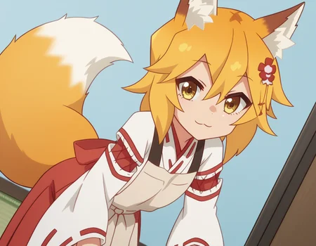 score_9, score_8_up, score_7_up, source_anime,
kitsunesenko, <lora:kitsune-senko-s1-ponyxl-lora-nochekaiser:1>,
senko, bangs, blonde hair, hair ornament, animal ears, hair between eyes, yellow eyes, flower, hair flower, animal ear fluff, fox ears, red flower, fox girl,
long sleeves, tail, japanese clothes, wide sleeves, kimono, apron, ribbon trim, hakama, hakama skirt, ribbon-trimmed sleeves, white kimono, miko, brown apron,
indoors, bent over, smile,
solo, dutch angle, looking at viewer, cowboy shot,