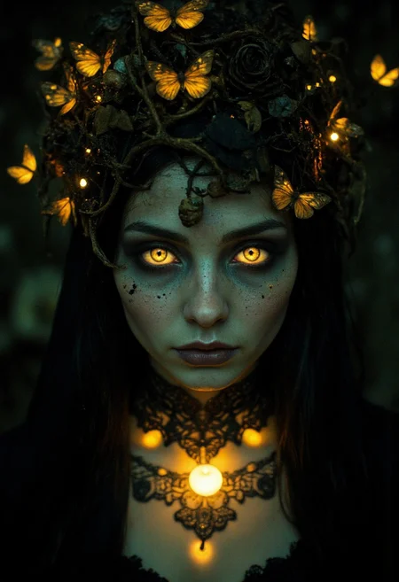 Her face, captured in unnerving stillness, glows faintly in the gloom — not from life, but from something old and unnatural. Her skin is like frost-kissed alabaster, subtly veined with blue-green, like old porcelain left in the dark. Small golden moths flutter silently around her temples, drawn to her crown of twisted roots, blackened rose stems, and shards of antique mirrors — each one reflecting distorted glimpses of forgotten prayers.
Her eyes are vast and wet with timeless grief, framed by curling lashes dusted in ash. Deep within their amber glow, strange runes flicker and fade like dying stars — remnants of a curse she once welcomed. Her lips, dark as dried blood, part slightly, revealing teeth that are almost human… but not quite. From her left eye, a single tear of black ichor hangs, unmoving — suspended like a relic of pain too ancient to fall.
Bioluminescent veins pulse gently beneath the thin skin of her throat, illuminating the delicate lace choker stitched from funeral shrouds and spider silk. Her breath fogs the air in tiny clouds, though the chamber is deathly still. The sound is faint: the ticking of a broken music box, echoing from somewhere deep within her chest.
She is a thing of beauty, dread, and memory — a saint of sorrow and a monster of midnight.