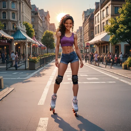 PonyScores6, masterpiece, full body image, 1girl (PR, Latina, black hair, curly wavy hair, ponytail, tan skin, fit body, medium breasts), tight purple crop top, cutoff jeans, short shorts, knee pads, inline skates, skating down sidewalk, looking at viewer, smiling, small gold earrings, gold necklace, sexy pose, outdoors, sun shining, city street background, detailed background, <lora:PR_Pony_epoch_8:1>