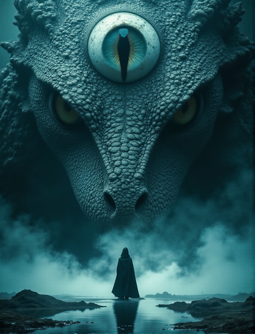 a striking and surreal scene that combines elements of both the natural world and fantasy. Dominating the composition is a massive, reptilian eye, filling almost the entire frame. The eye is highly detailed, with a slit-like pupil that suggests it belongs to a large, powerful creature, perhaps a dragon or another mythical being. The texture around the eye is rugged and scaly, giving the impression of ancient, weathered skin. In the lower portion of the image, a solitary human figure stands before the eye, dressed in a flowing black robe. The figure is tiny in comparison to the colossal eye, emphasizing the vast difference in scale and power between the two. The person stands on a surface that appears to be water or mist, which reflects the eerie, otherworldly light that surrounds the scene. The atmosphere is misty and dreamlike, adding to the sense of mystery and awe. Overall, the image is both dramatic and thought-provoking, blending cultural elements with a fantastical imagination to create a visually captivating scene.