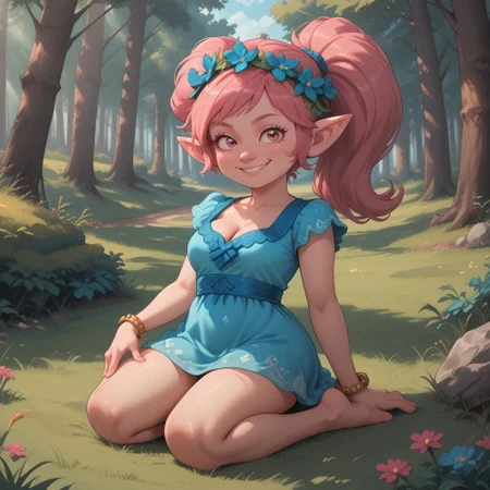score_9, score_8, BREAK, solo, cleavage, Poppy_(\Trolls\), pink skin, pink hair, pink nose, ponytail, pink eyes, pointy ears, bracelet, hair flower, head wreath, cyan dress, barefoot, sexy pose, smile, outdoors, sunlight, shadows, evening lighting, natural lighting, forest, trees, grass, orange sky, sunset, sitting, soles