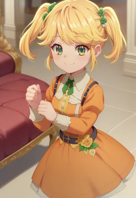 score_9, score_8, score_7, 1girl, solo, sastyle, satartey, kiddo Tarte, shortstack, blonde hair in twintails, green eyes, ((happy smile)), dressed in a brand new orange dress, luxurious medieval manor bedroom