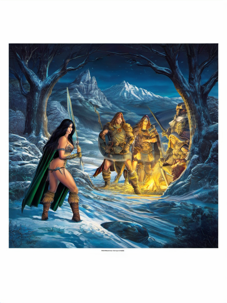 fantasy illustrations of by Elmore_Style_LX , Witches and warriors, sexy, skimpy, slutty, supermodel witch, adventure, cinematic, epic outdoor location, fantasy illustration, cinematic scene by forgotten realms, 1woman barbarian, skimpy armor, Huge breasts, bikini armor, sexy barbarian nude , with sword with a magic items, in the background epic winter sunset Fantasy masterpiece by Larry Elmore , dragonlance , <lora:Elmore_Style_LX-000010:0.7>