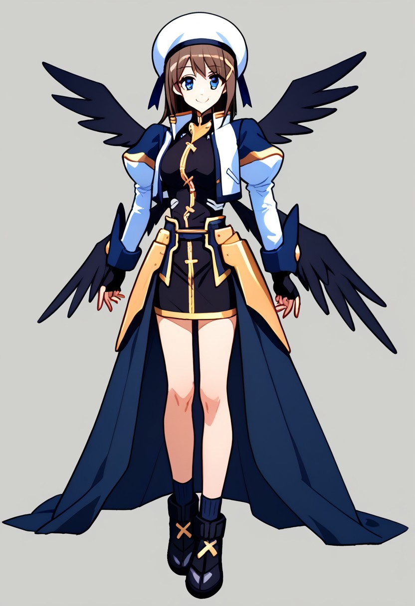 score_9, score_8_up, score_7_up, source_anime, good anatomy, 1girl, solo, black dress with gold trim, short dress, fingerless gloves, faulds, puffy sleeves, juliet sleeves, cropped jacket, open jacket, waist cape, white and navy blue jacket, waist cape, white beret, navy blue ribbon, bare legs, black shoes with gold cross, black socks, standing, smiling, full body