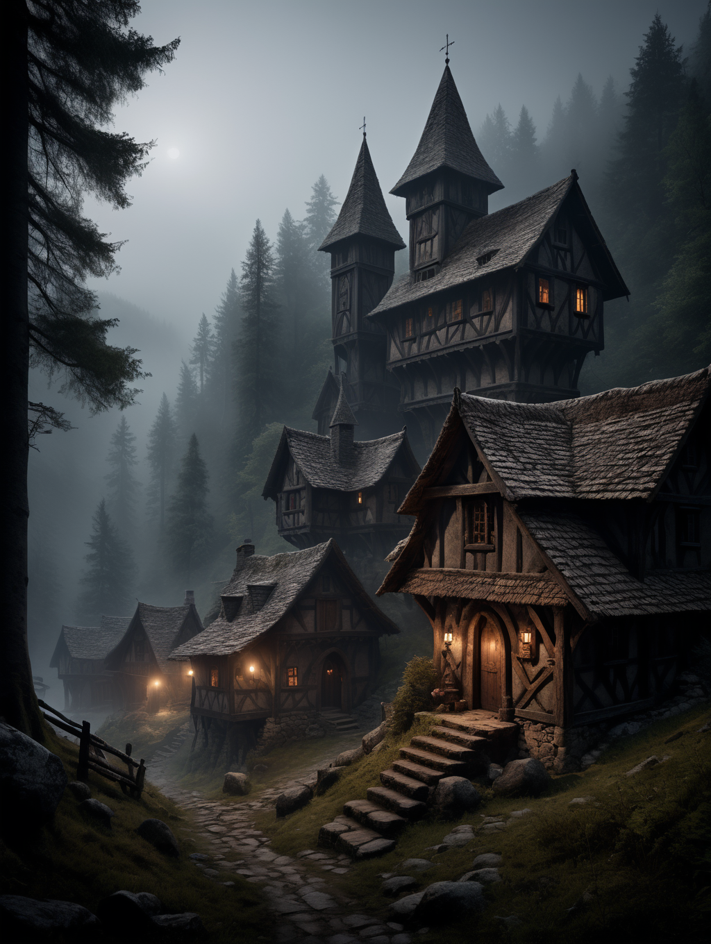 Horror-themed , A photorealistic still image in the style of Greg Rutkowski of a medieval, rustic hermit village deep in the pristine mountain forests. It is a rustic town with distinctly Iron Age architecture, misty mountain landscape with forest, intricate, shot, natural lighting and shadows, volumetric fog, a sense of darkness and foreboding, epic, mystical, dark,
 <lora:add-detail-xl:1.4>, Ultra-HD-details, true to life, HDR image, High detail resolution, high detailed cloth, cinematic lighting, realistic, sharp focus, (very detailed), ((4K HQ)), depth of field, f/1.2, Leica, 8K HDR, High contrast, bokeh, realistic shadows, vignette, epic, . Eerie, unsettling, dark, spooky, suspenseful, grim, highly detailed