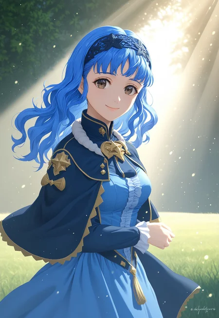 masterpiece, 1girl, solo, looking at viewer, smile, best quality, long hair, blue dress, capelet, hairband, facing viewer, looking at viewer, sunlight, scenery, spotlight, pasture, light particles, (((blue hair))),
