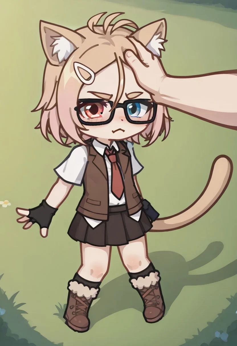 score_9, score_8_up, score_7_up, score_6_up,  from above, closed eyes, pout, blush, headpat, feminine hand, arms at sides, field, MILCJT3, MILCJT3Gacha, Gacha, girl, heterochromia, cat ears, skirt, hair ornament, glasses, pink hair, beige hair, blue eyes, pink eyes, tail, fingerless gloves, gloves, brown open jacket, tie, fur boots, brown skirt