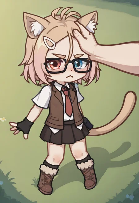 score_9, score_8_up, score_7_up, score_6_up, from above, closed eyes, pout, blush, headpat, feminine hand, arms at sides, field, MILCJT3, MILCJT3Gacha, Gacha, girl, heterochromia, cat ears, skirt, hair ornament, glasses, pink hair, beige hair, blue eyes, pink eyes, tail, fingerless gloves, gloves, brown open jacket, tie, fur boots, brown skirt