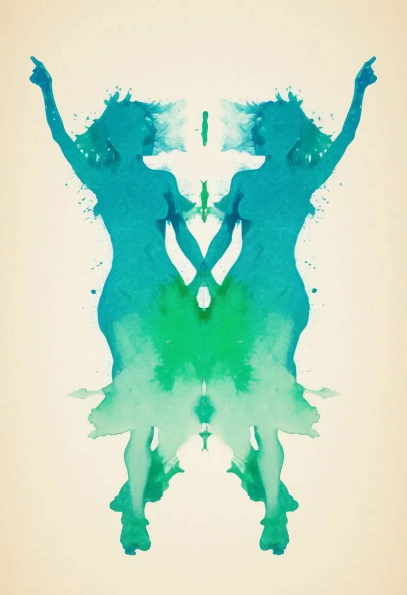 A rorschach-test resembling two symmetrical woman, translucent Long Dresses, Dancing, long hair, happy mood trigger, dark Blue/green translucent ink splashes