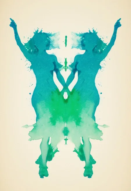 A rorschach-test resembling two symmetrical woman, translucent Long Dresses, Dancing, long hair, happy mood trigger, dark Blue/green translucent ink splashes
