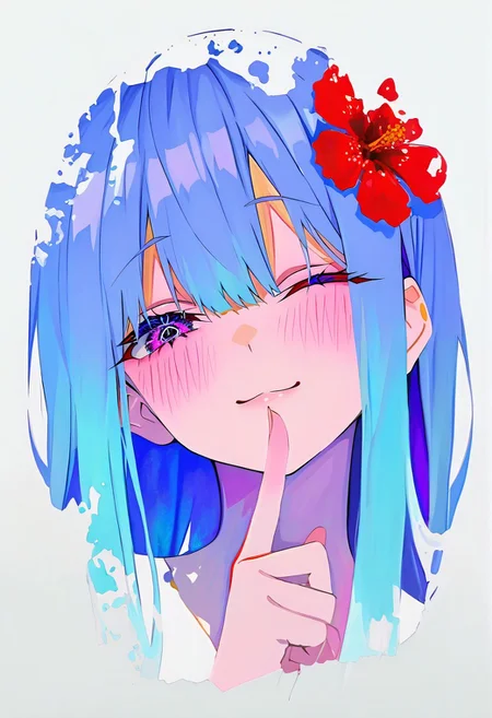 masterpiece,best quality,absurdres, amazing quality, hi res, masterpiece, best quality, detailed, amazing quality, detailed face, detailed eyes, clean eyes, best quality, highres, very aesthetic, newest, ultra-detailed, illustration, (best quality:1.1),ultra-detailed, high resolution, super detailed skin, beautiful detailed eyes, nsfw, Brightly Lit, Highly Visible, 8k, sharp focus, beautiful, perfect lighting, beautiful eyes, anatomically correct, anatomically correct face, extremely detailed eyes, smooth edges, beautiful face, symmetrical eyes, symmetrical face, BREAK 748cmstyle, newest, (colorful:0.5), (lineart:0.8), (silhouette:0.4), StainedArt_IL, sketch, paint splatter, Spill Art, coffee spill art, 1girl, one eye closed, smile, hair flower, blue hair, hair ornament, blush, long hair, looking at viewer, bangs, purple eyes, index finger raised, portrait, red flower, paint splatter, white background, upper body