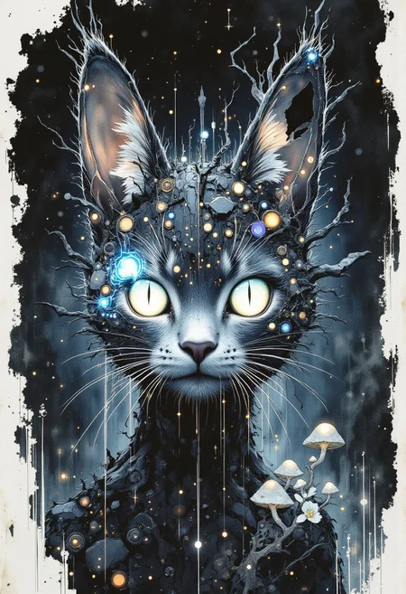 masterpiece, best quality, A hyper-realistic of picture a It is a striking rabbit's facial structure melded with the anatomical features of a pufferfish, rendered in breathtaking hyperrealism. The creature`s face retains the quintessential feline charm, captures the quiet magic of nature's resilience and the promise of spring, highly detailed, beautiful, vibrant, masterpiece, 32k, ultra HD, ultra-detailed, amazing quality, amazing artist, sharp edges, detailed textures, full view, atmospheric lighting, amazing visuals, mushrooms
A whimsical illustration of a lanky cat with a disproportionately huge polygonal head in pure black and white, balanced impossibly on a geometric shattered fragment of moon, digital painting with high contrast brushwork showing angular whiskers and prismatic fur patterns, misty night sky background with mathematical star patterns forming constellations, characteristic Tim Burton inspired design with massive white eyes that seem to glow against the black polygonal face, creating a striking monochromatic dreamscape where shadows and highlights tell the story without any need for color