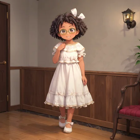 indoors, <lora:Young_Mirabel_Madrigal_Encanto:1> ymirabel, 1girl, solo, dark skin, white dress, brown curly hair, white hair bow, green-framed eyewear, brown eyes, smile, white footwear