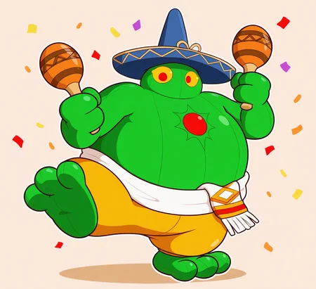 high resolution, best quality, 4k, outline, solo, male, holding maracas, dancing, leg up, confetti, fiesta background, <lora:Amingo_-_Marvel_VS_Capcom_IL:1> 4ming0, plant humanoid, earless, mouthless, noseless, symbol on chest, blue sombrero, green skin, yellow pants, round body, belt cloth, 3 toes, big feet, overweight, red eyes, yellow sclera, short legs