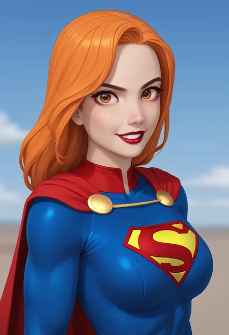 score 9, score 8, score 7, score 6, 1girl, solo, bethh, upper body, looking at viewer, orange hair, orange eyes, makeup, lipstick, lips, sky, flying, zPDXL, dynamic pose, supergirl costume, smile, open mouth, wearing spcc costume with cape