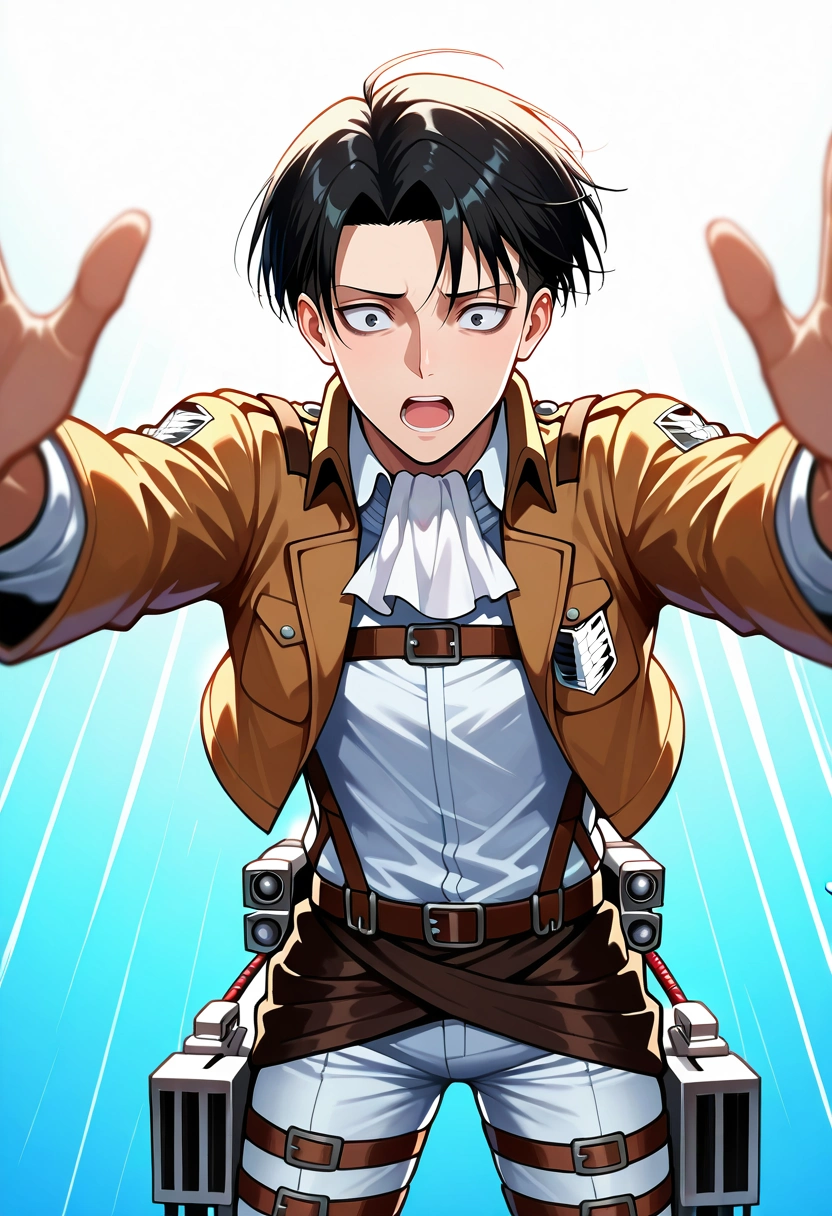 masterpiece, best quality, intricate details, (photorealistic:0.6), , , 1boy, solo, male focus, <lora:levi_ackerman_ilxl:0.92>, levi_ackerman, black hair, black eyes, short hair, curtained hair, paradis military uniform, ascot, three-dimensional maneuver gear, hidden waterfall, mossy rocks, rainbow mist, ferns, reaching out, amazed expression, filtered sunlight, vandal costume