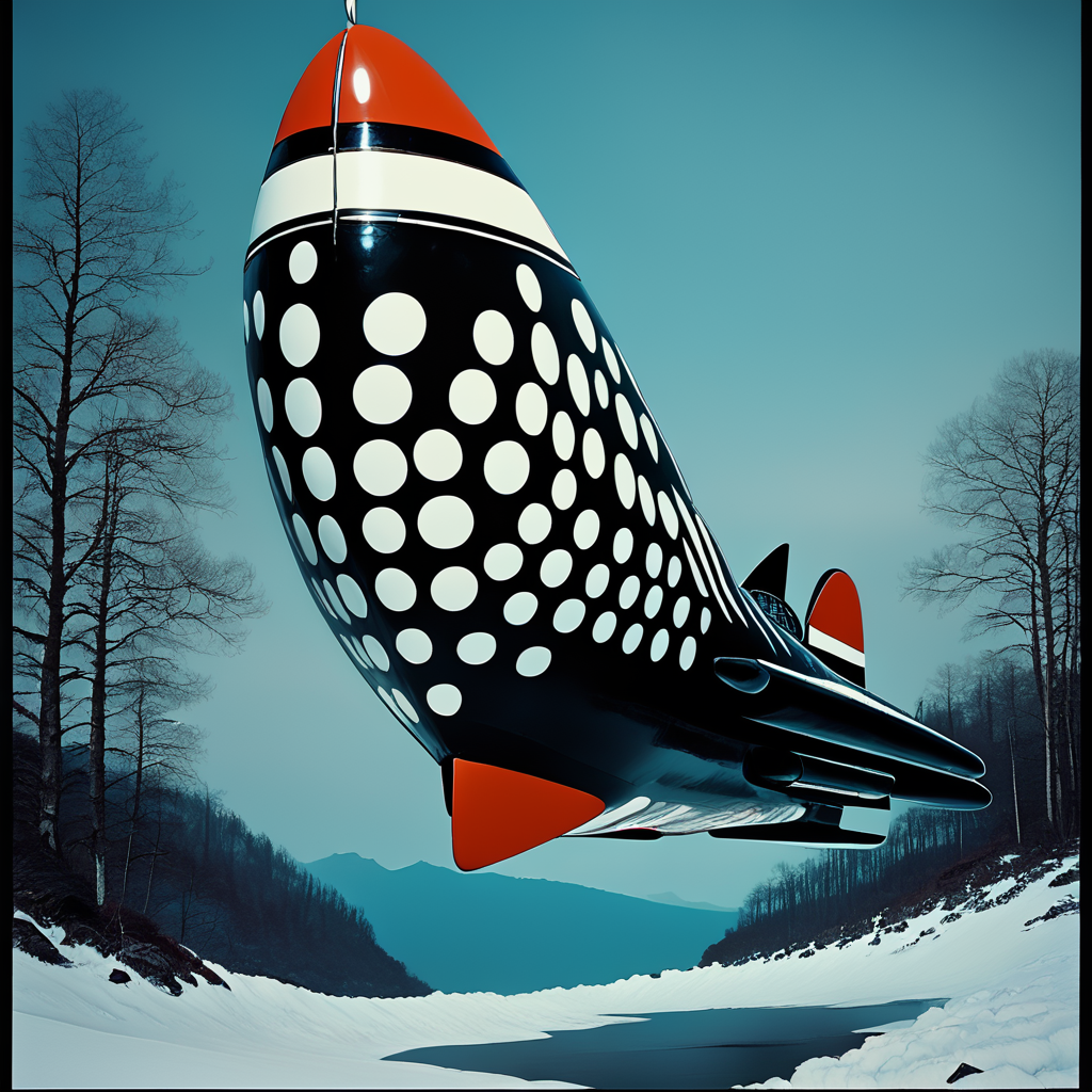 Score_9, score_8_up, score_7_up, score_6_up, BREAK  <lora:Abstract_Retro_Future_MoviePony:1> ArsMovieStill, Movie still from an abstract retro future movie, The image shows a large futuristic-looking rocket ship flying over a snowy landscape. The rocket ship is black with white polka dots all over it and a red nose. It has two fins on either side of the nose and the body of the ship is elongated and pointed. The sky is a deep blue and there are trees in the background. The image has a vintage retro feel to it., no humans, tree, forest, outdoors, nature, border, vehicle focus, sky, aircraft, snow