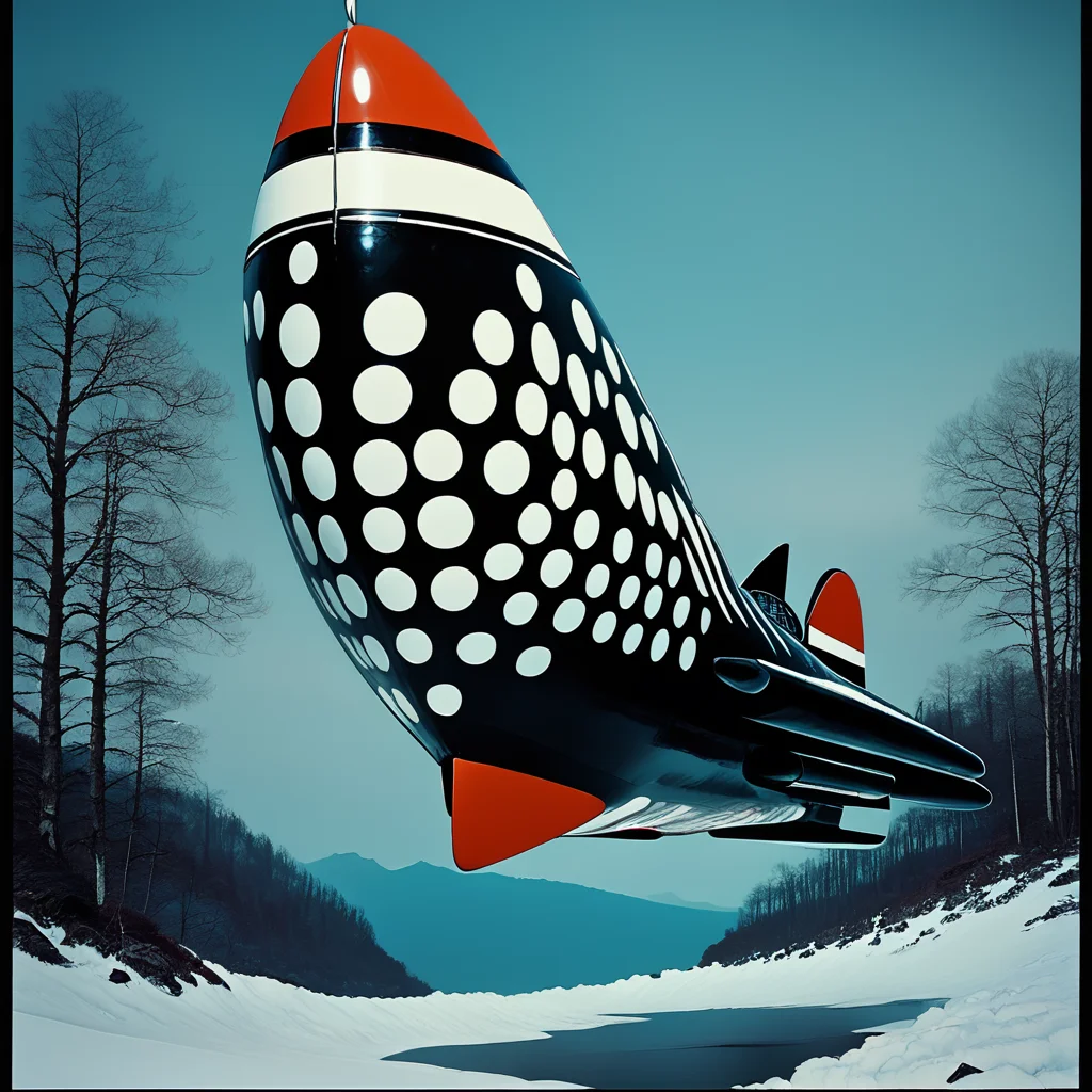 Score_9, score_8_up, score_7_up, score_6_up, BREAK  <lora:Abstract_Retro_Future_MoviePony:1> ArsMovieStill, Movie still from an abstract retro future movie, The image shows a large futuristic-looking rocket ship flying over a snowy landscape. The rocket ship is black with white polka dots all over it and a red nose. It has two fins on either side of the nose and the body of the ship is elongated and pointed. The sky is a deep blue and there are trees in the background. The image has a vintage retro feel to it., no humans, tree, forest, outdoors, nature, border, vehicle focus, sky, aircraft, snow