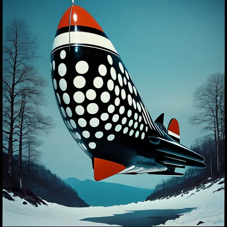 Score_9, score_8_up, score_7_up, score_6_up, BREAK <lora:Abstract_Retro_Future_MoviePony:1> ArsMovieStill, Movie still from an abstract retro future movie, The image shows a large futuristic-looking rocket ship flying over a snowy landscape. The rocket ship is black with white polka dots all over it and a red nose. It has two fins on either side of the nose and the body of the ship is elongated and pointed. The sky is a deep blue and there are trees in the background. The image has a vintage retro feel to it., no humans, tree, forest, outdoors, nature, border, vehicle focus, sky, aircraft, snow