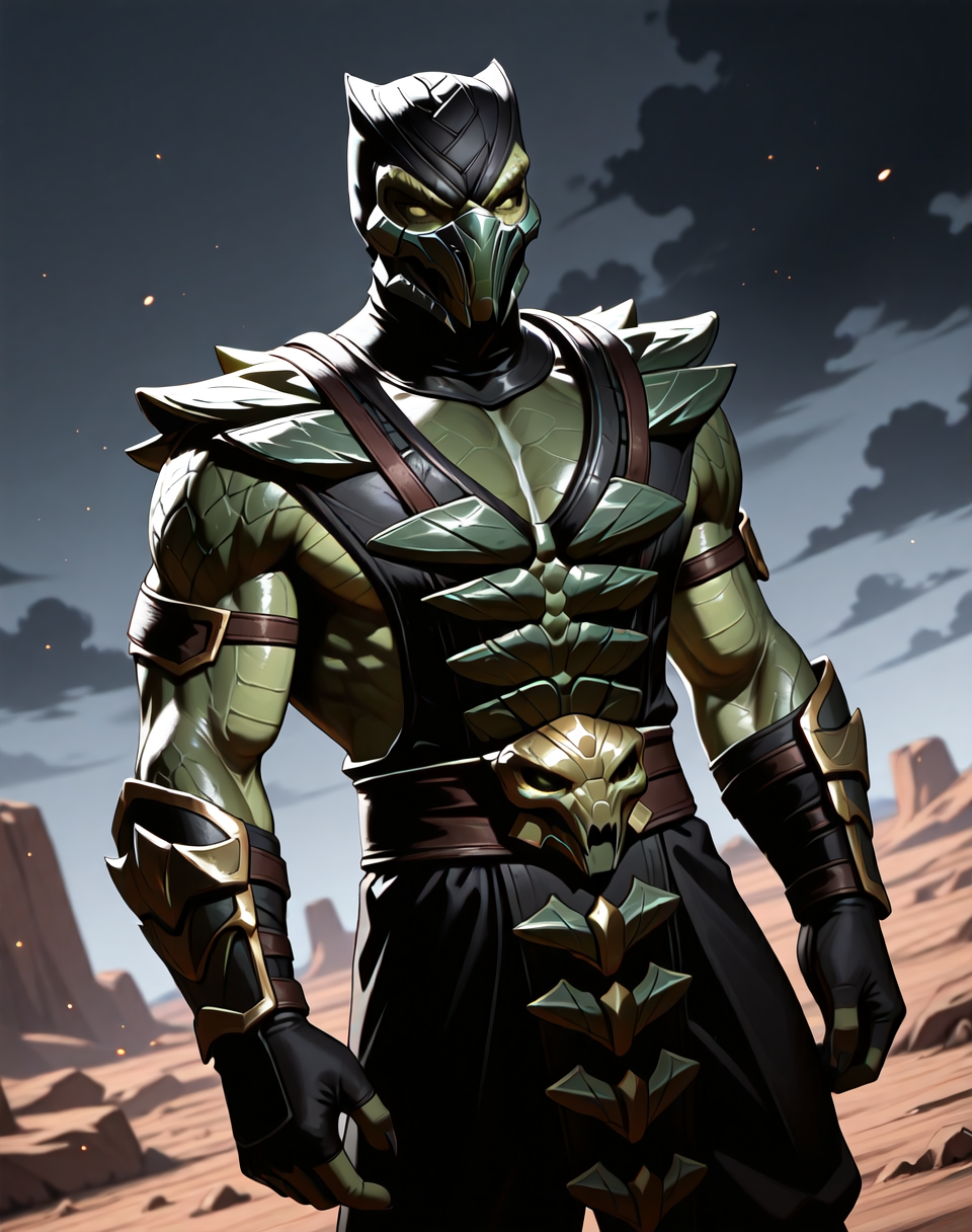 <lora:Reptile_X_(Mortal_Kombat)_(Illustrious)_(AD):1> Reptile_MK, muscular, Mortal Kombat, 
dutch angle, exterior, monumental architecture, wasteland, dark night sky with black clouds, 
male focus, gradient coloring, villain, intimidating, fierce, 
BREAK very awe, aesthetically pleasing, masterpiece, best quality, amazing quality, very aesthetic, perfect depth of field shot, in'ei, source_furry, furry_art, 
Smooth Quality, lazympos, IllustQualXL_Pos,