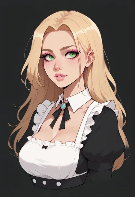 score_9, score_8_up, score_7_up,<lora:Jouste_v.0.5:1> jou5te, black outlines, dark green backgroud, sfw,
upper body, portrait, 1girl, 18 years old, skinny thighs,  cute, eyelashes, firm breasts, petite girl, pretty girl, long hair, blonde hair, makeup, medium breasts, parted lips, pink lips, eyeliner, maid