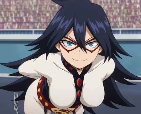 score_5_up, score_4_up, 2d, anime screencap, solo focus, <lora:Midnight_MHA:0.8>, midng1, 1girl, blue eyes, large breasts, black hair, long hair, thighhighs, belt, mole under eye, domino mask,, garter straps, handcuffs, hair between eyes, ringed eyes, bodysuit, looking at viewer, smile, arms behind back, leaning forward,