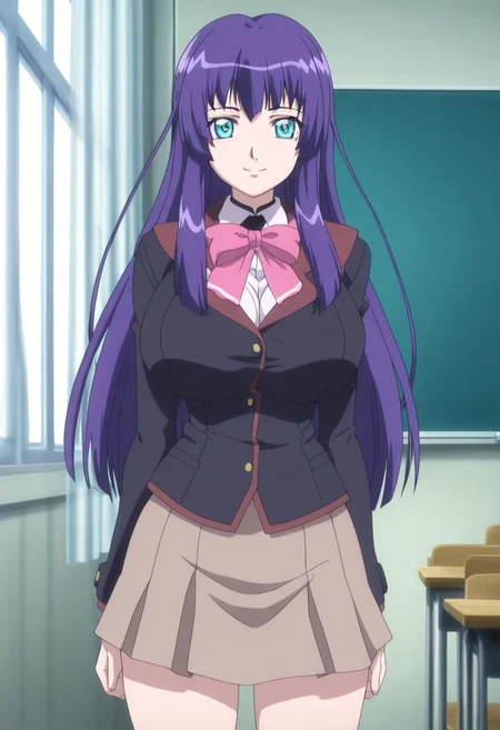 1girl,solo,Shion,long hair,purple hair,huge breasts,very long hair,green eyes,bangs.
school uniform,jacket,blazer,collared shirt,
brown skirt,pink bow,black jacket
standing,smile,
front view,looking at viewer,
school,classroom,blackboard,window,curtain,
masterpiece,best qualit,ultra-masterpiece,best quality,amazing quality,
anime-style illustration,anime character portrait,studio anime style,anime screencap,