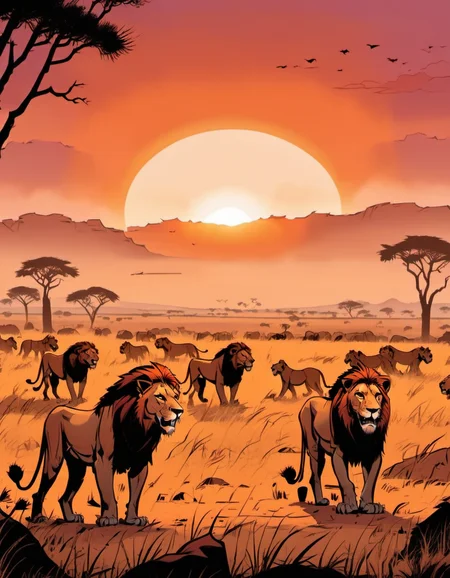 breathtaking graphic novel illustration Across a vast savannah, lion prides roam freely. Adventurers on safari, their cameras at the ready, witness the raw beauty of nature. The setting sun paints the sky in shades of orange and pink, and the distant roar of lions resonates in the stillness. <lora:Graphic_Novel_Illustration-000007:1>