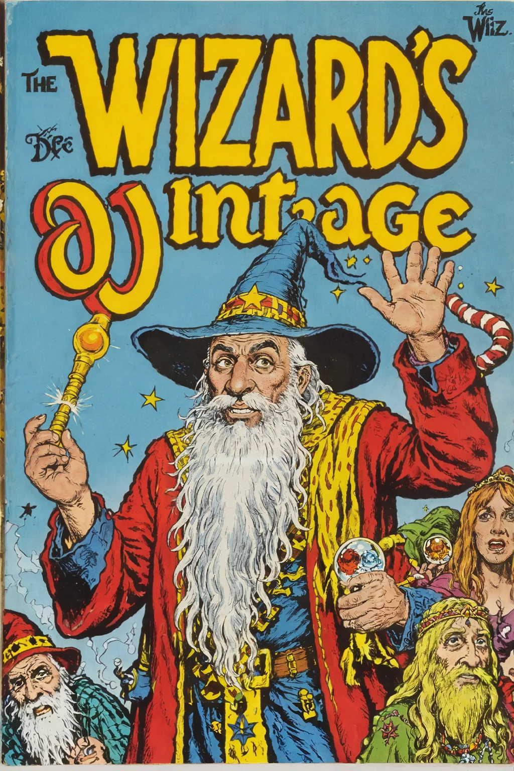 vintage comic book with the (title text: "Wizard's Vintage Comics":1.4), illustration closeup of moondog wizard whitebeard, in style of will eisner, highly detailed