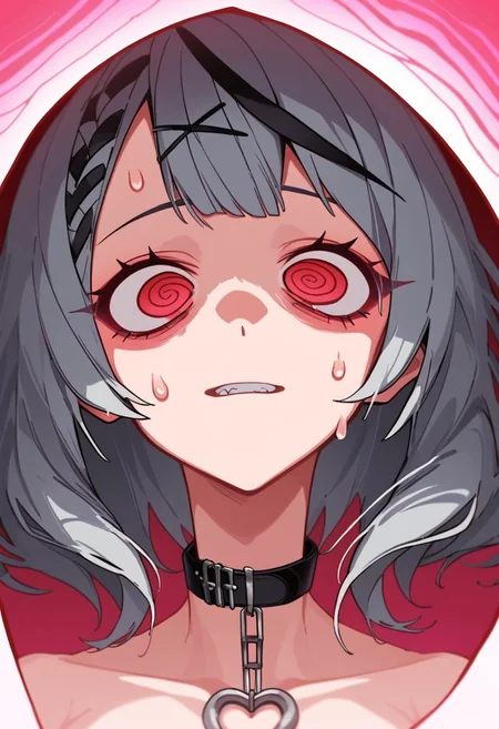 score_9, score_8_up, score_7_up, masterpiece, best quality, highres, 1girl, (sakamata chloe, medium hair, grey hair, red eyes), (black jacket, open jacket, white shirt, frilly shirt, choker, black strap, heart choker), (looking to the side, looking away, constricted pupils, sharp eyes, expressionless, grin, nervous), (psychedelic background:1.5, colorful background, psychedelic, acid visuals, sweatdrop, dark), upper body:0.5, from below, (sharp lines, chiaroscuro)