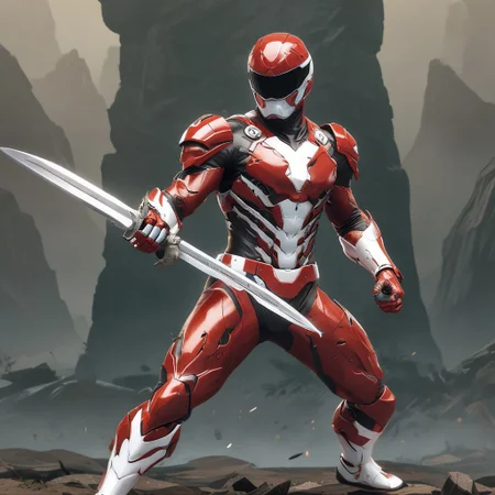 Create an action pose of a red ranger holding a sword, inspired by the styles of Dave Arredondo, Sun Kehong, and other artists such as Makoto Shinkai, Lois van Baarle, and Ilya Kuvshinov. The ranger should be wearing white metallic steel armor with a strong, bespoke shape language. The artwork should feature the ranger practicing sword stances in a scenic park or garden setting, with a mix of water and natural elements in the background. The style should be reminiscent of Borderlands and GTA art, with a dynamic, high-energy feel. The artwork should be in the style of official fanart, with a high level of detail and realism.