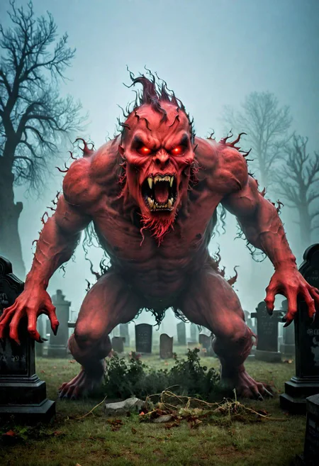 lightening, dark, night, (beast appears from the fog and mist in a creepy graveyard, The beasts looks very angry and ready to cause chaos,  red DEVIL SPAWN