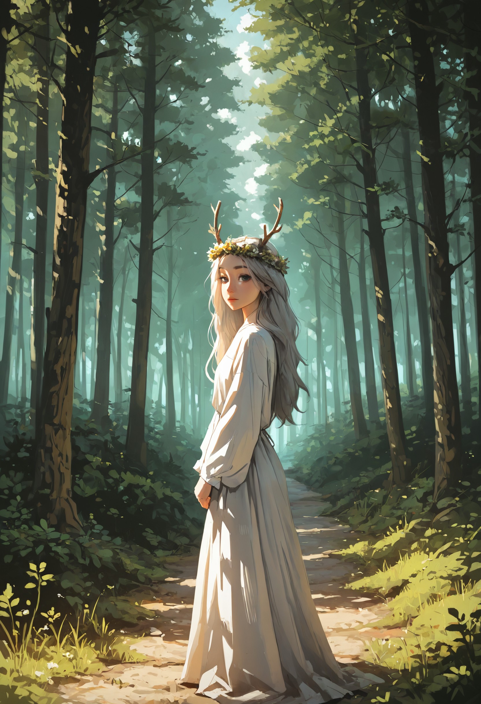smgy2, 1girl, solo, long hair, tree, druid, looking at viewer, nature, outdoors, antlers, from side, forest, branch, leaf, closed mouth, white dress, standing, dress, pale skin, head wreath, dappled sunlight, scenery, masterpiece, best quality, amazing quality, best resolution, incredibly absurdres, 4k, latest, <lora:b0aac5e5-3a20-4884-83b0-1b95c70e6b79:0.9>