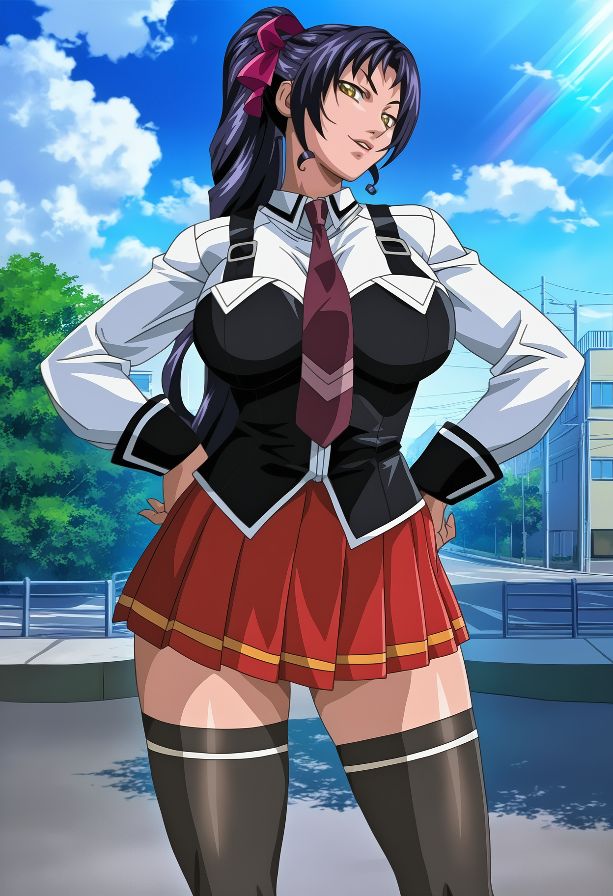 masterpiece, good quality, best quality, highres, very awa, bloom, shadow, 
Kozono Nami, 1girl, solo, standing, hands on own hips, feet out of frame, contrapposto, 
looking at viewer, smirk, parted lips, sideways glance, head tilt, 
yellow eyes, long hair, black hair, high ponytail, hair ribbon,
school uniform, vest, suspenders, red necktie, black thighhighs, pleated skirt,
curvy, large breasts, thighs, 
outside, street, city, sky, day, sidelighting, blue skies, clouds,
 <lora:Kozono Nami 3216 NoobAIXL Vpred:1>