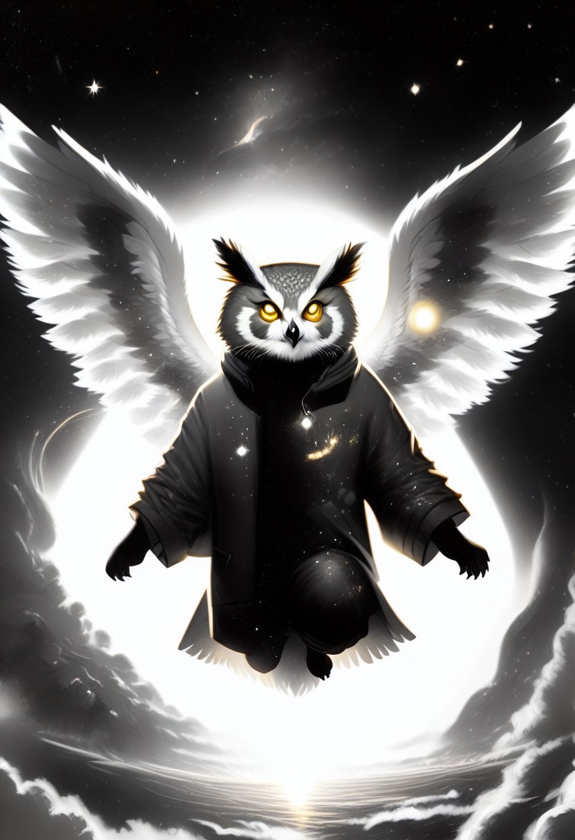 Score_9, Score_8_up, Score_7_up, lora:Navi_Celestial_Skin_PonyXL:1.1 nv-celestialskin, redpandafolk, rabbitfolk, owlfolk, foxfolk, sketch, monochrome, greyscale, YR_GradLight, 0u73r5p4c3, space, planet, nebula, galaxy, asteroid, GalaxyTelepurteSDXL, StarrySkies, scenery, stars (sky), background, night sky, vibrant colored skin, void cosmic body, deep black skin, ethereal silhouette, nebula patterns, animal theme focus, majestic owl