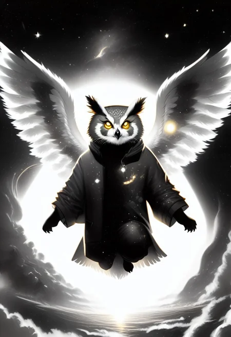 Score_9, Score_8_up, Score_7_up, lora:Navi_Celestial_Skin_PonyXL:1.1 nv-celestialskin, redpandafolk, rabbitfolk, owlfolk, foxfolk, sketch, monochrome, greyscale, YR_GradLight, 0u73r5p4c3, space, planet, nebula, galaxy, asteroid, GalaxyTelepurteSDXL, StarrySkies, scenery, stars (sky), background, night sky, vibrant colored skin, void cosmic body, deep black skin, ethereal silhouette, nebula patterns, animal theme focus, majestic owl