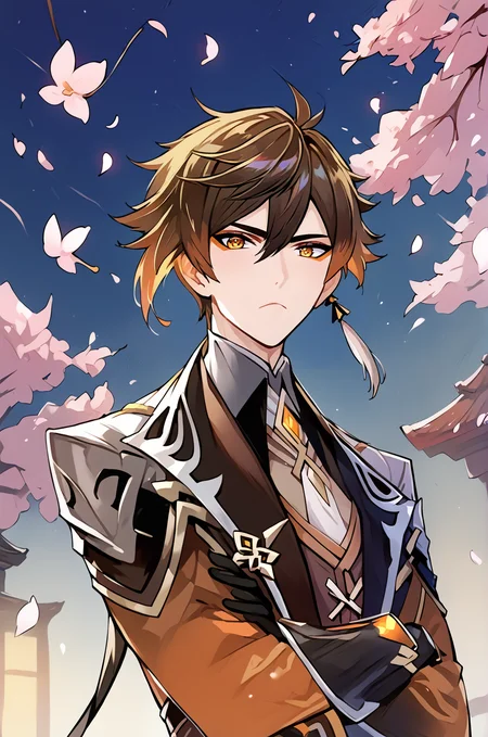 score_9, score_8_up, score_7_up, score_6_up, score_5_up, score_4_up <lora:intricate_details:1> intricate_details_xl, cherry blossoms, simple background, dark theme, gradient background <lora:GachaMihoyoXLP6lokrV4239:0.5> <lora:Genshin_Impact_Zhongli_v1.0-000040:1> zhongli, brown hair, orange hair, gradient hair, crossed arms, (pout:0.9), light frown