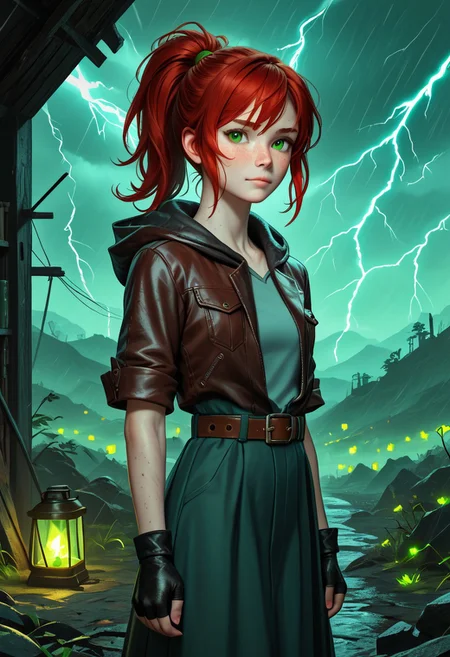 1girl, Masterpiece, 8k, ultra high detail, score_7 up, 
volumetric lighting, vivid colors, vibrant colors,  score_8_up, score_9,  small breast size, sporty red ponytail hair,  fcNeg, stunning green eyes, freckles, white skin, small nose, innocent beauty, slim face,  cute face, skinny body, perfect body, extreme detailed body, intence green eyes,  perfect face, ultra high detailed face, perfect eyes, petite, 
Face fokus, fokus on face, 
Leather wasteland warrior clothes, dark tattered cloak violently thrashing, dark long torn cloak with hood down, dark hood down, 
w4stel4nd3r, fingerless gloves, belt, 2 different leather long skirts,  
d3t41l3d, zPDXL3, 
 Post Apocalyptic landscape, radioactive Storm, green lightning, taking shelter, heavy rain, 
Inside a ruin, looking outside,
