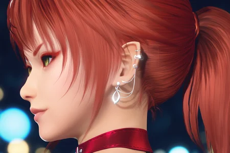 score_9,score_8,score_7_up,ultra detailed,realistic,high_contrast, kanna \(doa\), 1girl, oni, solo, looking to the side, closed mouth, red hair, v-shaped eyebrows, red eyebrows, green eyes, slit pupils, black eyelashes, red eyeliner, pointy ears, (sliver threader earrings), ponytail, bangs, sidelocks, crimson choker, very close-up, profile, bokeh,city_lights, <lora:doa_kanna_pdxl_v11:0.9000000000000001>