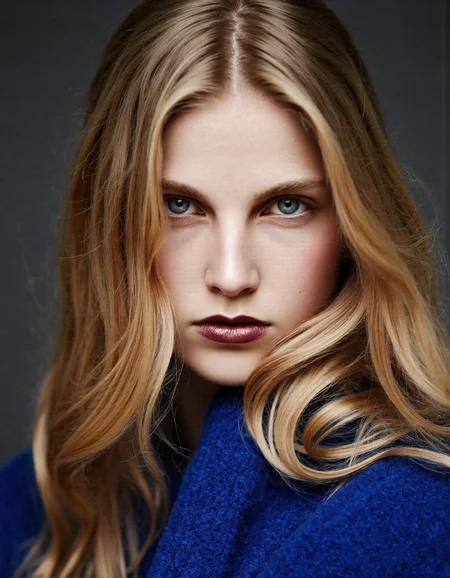 A photography of a young, beautiful woman with flowing, wavy blonde hair styled in soft, natural curls that frame her face elegantly, cascading down to her shoulders. She is wearing a warm, royal blue cozy knitted sweater in a soft, adding texture and a comforting feel to the composition. Her lips are painted with a dark wine red lipstick, creating a striking contrast against her white porcelain-like, flawless complexion. The light is dramatic and hard, casting sharp, defined shadows that accentuate the contours of her face her high cheekbones, jawline, and the gentle curve of her nose are brought into focus. Her gray-blue eyes are intense and captivating, framed by delicately arched eyebrows and dark, natural lashes. The texture of her skin remains luminous and smooth, with a subtle blush highlighting her cheeks. The background is blurred and muted, providing a neutral contrast that ensures all focus remains on her face and sweater. Individual strands of her hair catch the light, giving depth and realism to the image, while the hard lighting creates a slightly moody, editorial atmosphere, enhancing the dramatic tone. The framing is tight, focusing on her face and upper body, lending the image an intimate yet luxurious feel reminiscent of modern high-fashion photography. Kirin Dejonckheere