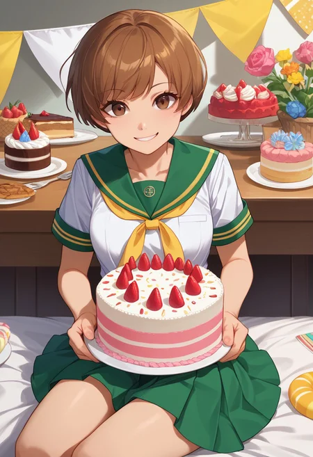 score_9, score_8_up, score_7_up, score_6_up, source_anime BREAK chiesummeruniform, brown hair, short hair, brown eyes, white serafuku, yellow ribbon, clothes around waist, skirt, houndstooth, eating a cake, sitting down, birthday party background, smile, looking at viewer,