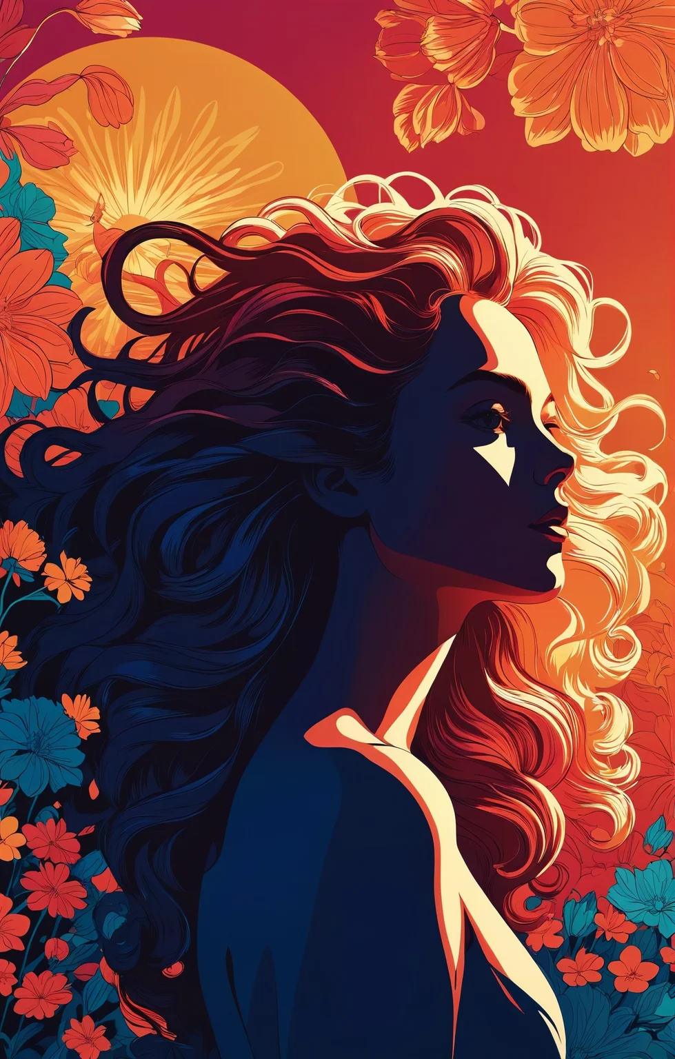 line art drawing of (psztzz), vector art, flat coloring, cel shaded, cel shading, illustration, vector illustration, vector coloring, Antique Grunge aesthetic, a alluring Bonairian woman with flowing hair made entirely of flowers, bright colors, stunning background. warm and bright sunlight, a mesmerizing blend of light and shadow. masterpiece, absurdres, intricate details <lora:PortraitVectorArt:1.0>, professional, sleek, modern, minimalist, graphic, line art, vector graphics