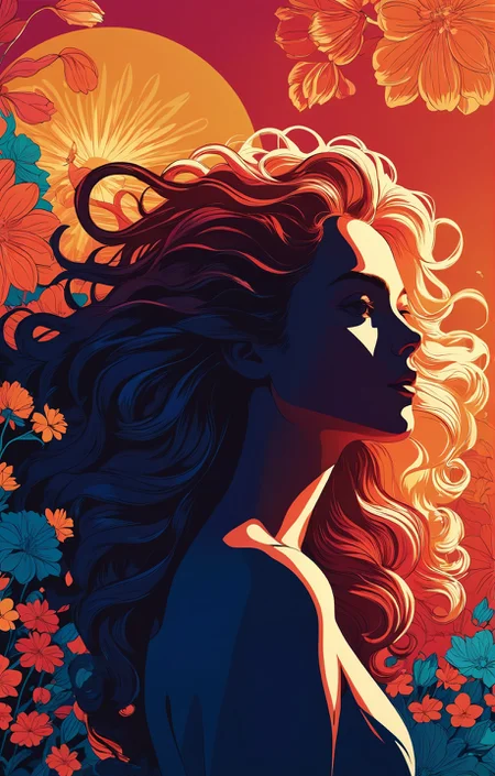 line art drawing of (psztzz), vector art, flat coloring, cel shaded, cel shading, illustration, vector illustration, vector coloring, Antique Grunge aesthetic, a alluring Bonairian woman with flowing hair made entirely of flowers, bright colors, stunning background. warm and bright sunlight, a mesmerizing blend of light and shadow. masterpiece, absurdres, intricate details <lora:PortraitVectorArt:1.0>, professional, sleek, modern, minimalist, graphic, line art, vector graphics