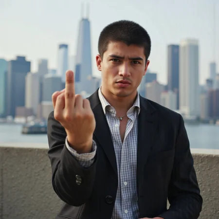 A frustrated young man giving the middle finger, standing in front of a cityscape, middlefinger, flippingthebird
