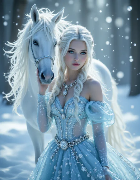 <lora:ck-waterworld:1> ck-wtr a horse made of clear ice and water behind her snow and ice snowflakes swirl around her,
displaying her full stunning body and dress, a stunningly beautiful slim 20 year old young woman with white blond hair and blue eyes, 
wearing a stunning ice blue dress with puffy sleeves with crystal ornaments and pins in the shape of snowflakes and beautiful ice motifs on her dress, wearing elaborate costumes that are predominantly blue white and gold, with intricate designs and embellishments that suggest a royal or fantasy theme. <lora:Ethereal_Alien:0.4>ethereal alien,<lora:aidmaFluxPro1.1Stylev0.2:0.8>, <lora:aidmaMJ6.1v0.4:0.6>, <lora:sss:1> solo, sss, subsurface scattering, translucent skin, realistic, flurries of snow