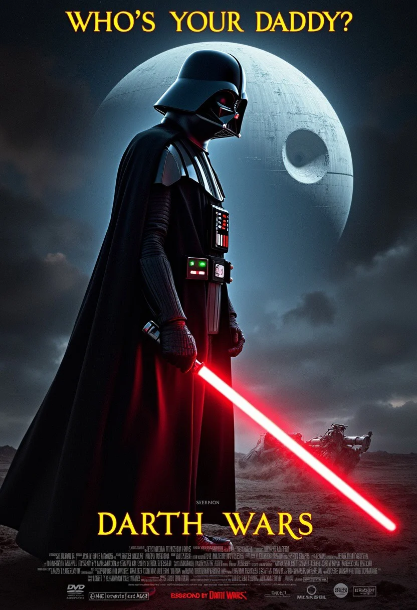 Epic scifi movie poster of Darth Vader looking down to viewer in a dominant pose, holding a light saber. Death Star in the background. Vader looking at viewer. Title says "Who’s your daddy?" in yellow font. Subhead text says "Darth Wars". Generic movie poster bottom section.