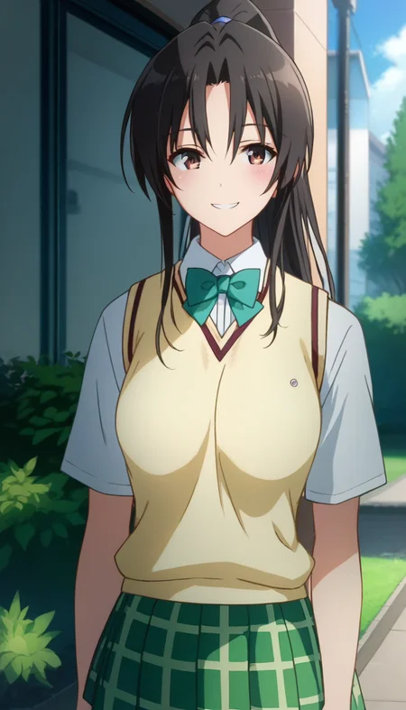 score_9,score_8_up,score_7_up,score_6_up BREAK official art,solo,outdoors,upper body,(portrait:1.5),looking at viewer,facing viewer,smile,blush,Kujo Rin,long hair,black hair,high ponytail,hair between eyes,parted bangs,brown eyes,school uniform,sweater vest,yellow vest,white shirt,collared shirt,green bowtie,short sleeves,medium breasts,miniskirt,green skirt,plaid skirt,pleated skirt,black socks,loafers,<lora:Kujo Rin(tlr)-Pony:1.6>,