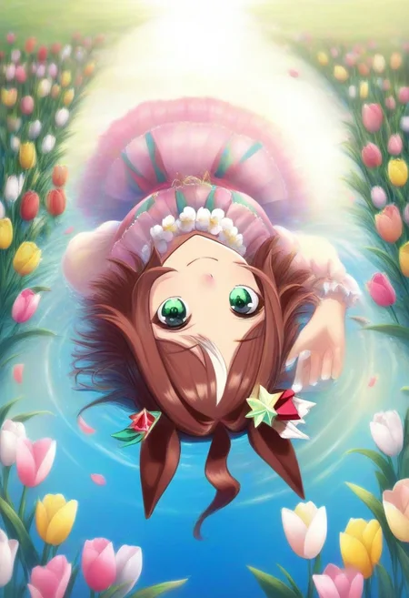 (umamusume, rhein_kraft_(umamusume), horse_ears, horse_girl, tail, 1girl, ahoge, animal_ears,)
casual, Tulip,Tulip flower, Tulip flower_field,
head_wreath, looking_at_viewer, solo, aesthetic, absurdres, symmetric , , g0ldsw0rthy,
(realistic, photo, artistic, medium_hair, one_eye_closed, petals, relaxing, smile, spiralling vortex made of multicoloured tulips, lush foliage sunrise, ripples, reflective, jaynl-tm, rainbow,green_eyes, hair_between_eyes, hair_ornament, : 0.7)