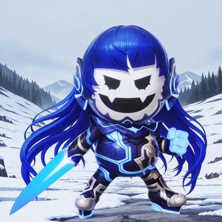 uncensored, masterpiece, best quality, highly detailed, realistic, solo, Nahobeeho, humanoid, ambiguous gender, blue hair, very long hair, hime cut, black eyes, mob face, flesh fangs, white body, white skin, blue bodysuit, multicolored bodysuit, full body suit, arm weapon, light-blue plasma sword, blue fingers smile, open mouth, looking at viewer, standing, clenched fist, (fighting pose), short, 4 fingers, mountains, snow, foggy, detailed background